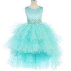 Girl's Aqua Tiered Tulle Formal Dress with Embellished Waist